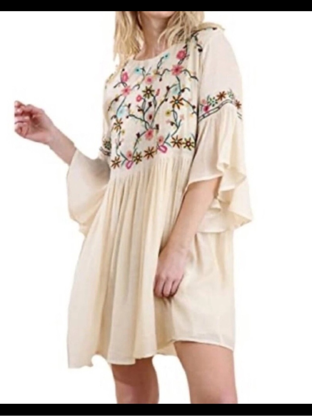 Umgee Embroidered Floral Boho Bliss Bell Sleeve Crinkle Babydoll Dress. Medium